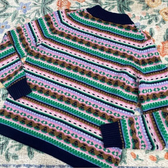 J. Crew Mock Neck Fair Isle Sweater M Medium Pink Navy Blue Green Brown - Picture 6 of 6